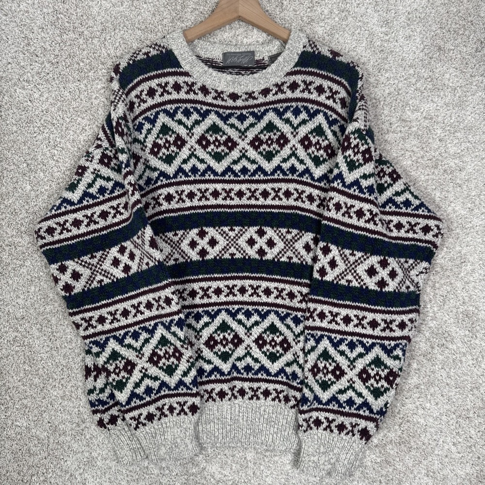 Vintage Cable Knit Lord & Taylor Cotton Multicolor Argyle Sweater - XL